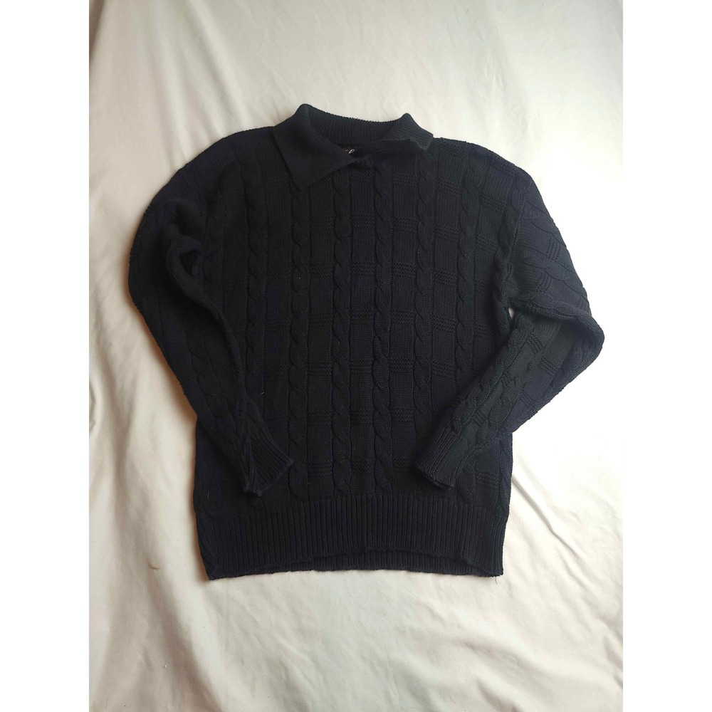 Vintage Landmark Navy Blue Cable Knit Collared Sweater 100% Cotton Size 13